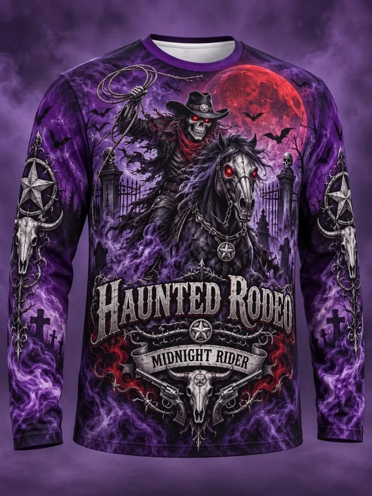 Men's Blood Moon Ride The Night Cowboy Long Sleeve T-Shirt Western Horse Bat Skull Rose Graphic Tee Pullover Tops Gift New