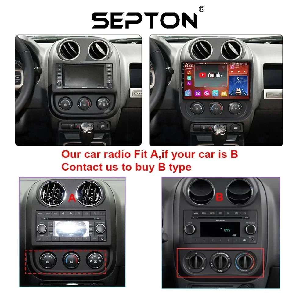 SEPTON Car Stereo Radio for Jeep Compass Patriot 2010-2016 Android 12 2Din Auto Multimedia Video Player GPS CarPlay 4G Head Unit