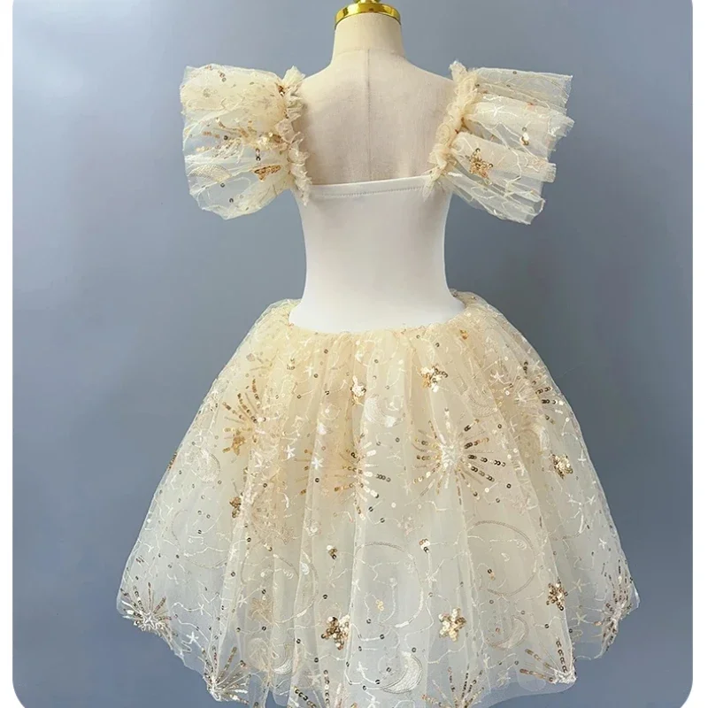 Children's Ballet Tutu Skirt, Girls' Dance Skirt, Golden Sequin Ballet Skirt, Ballet Performance Costume, Long Princess Skirt