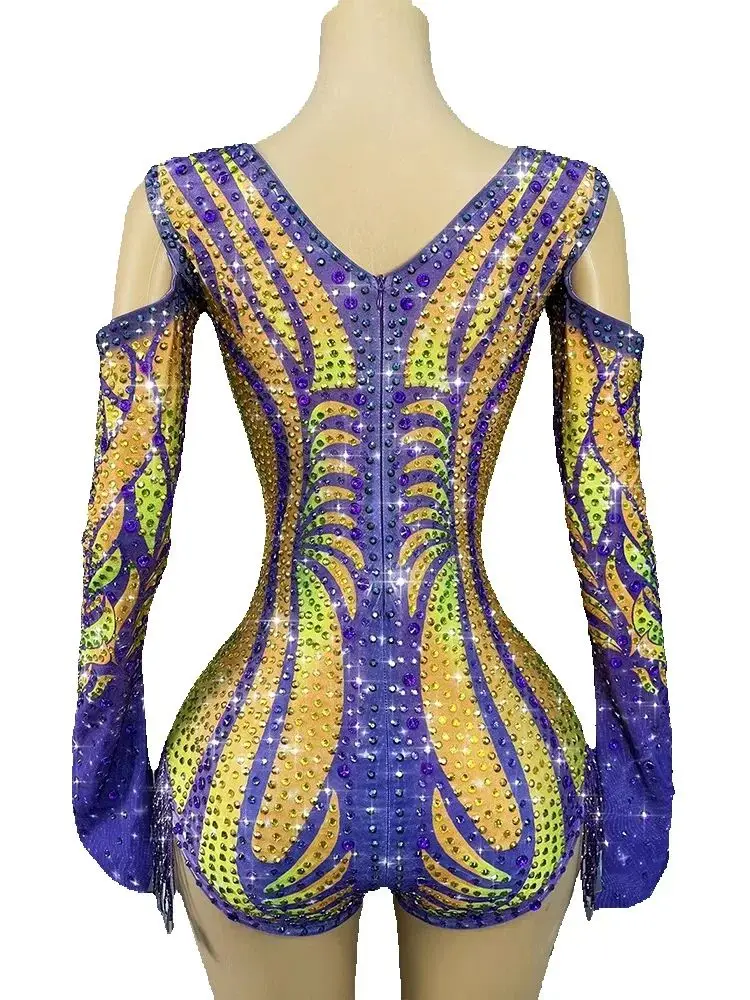 高品質ラインストーンVネックオフショルダータッセル付き伸縮性ジャンプスーツ2025新作ファッションカスタムレディース服