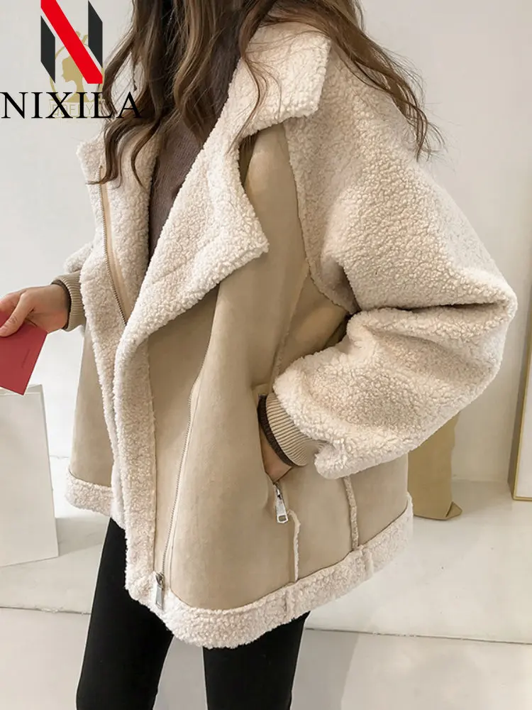 

New in Autumn Winter Women's Coats Casual Loose Patchwork Outerwear Korean Windbreaker Vintage Lambhair Jacket Women Clothes