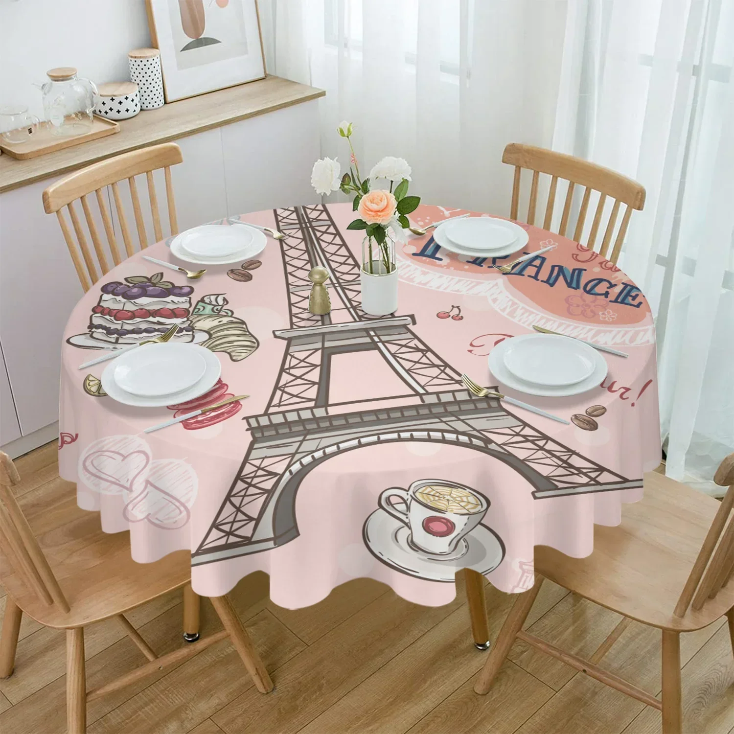 France Paris Pink Retro Eiffel Tower Round Tablecloth Waterproof Table Cover Home Kitchen Table Cloth Dining Table Decoration