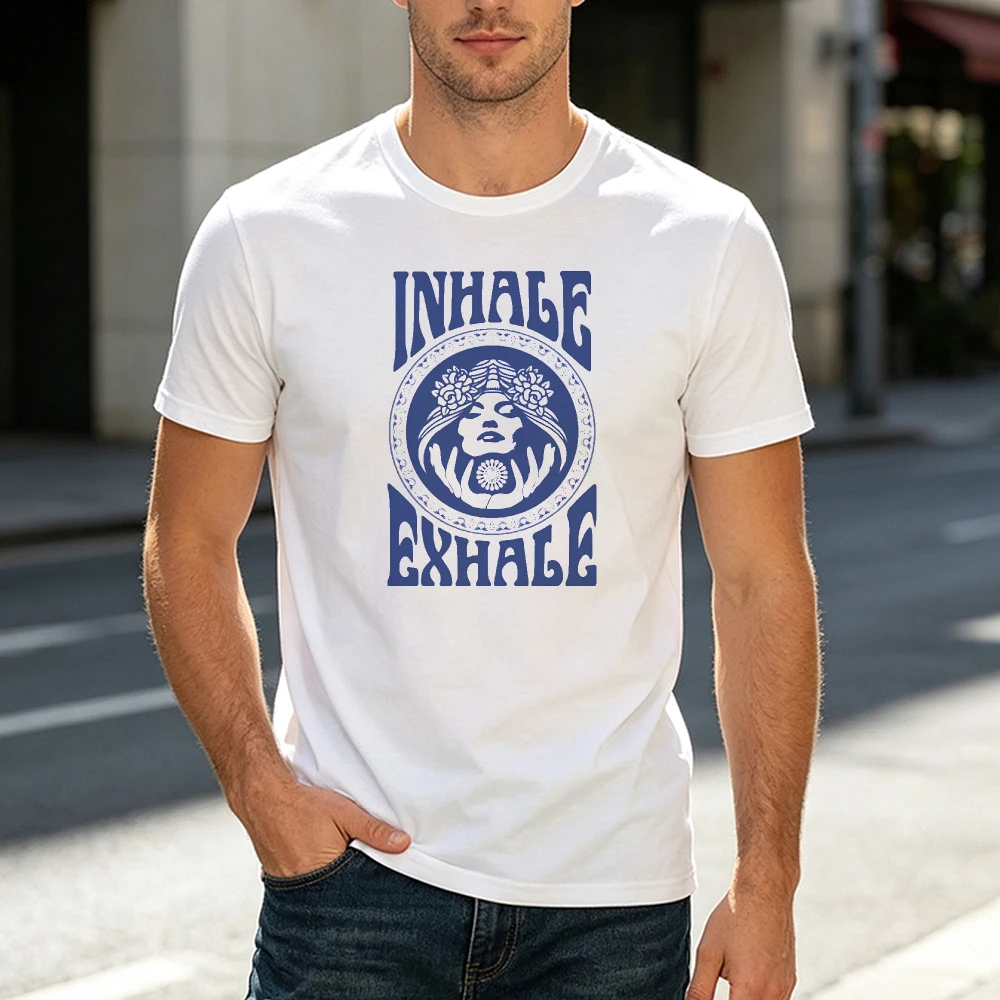 T-shirt unisexe bleu et blanc avec motif fleur et lune, pour hommes, esthétique, méditation, pleine conscience, yoga