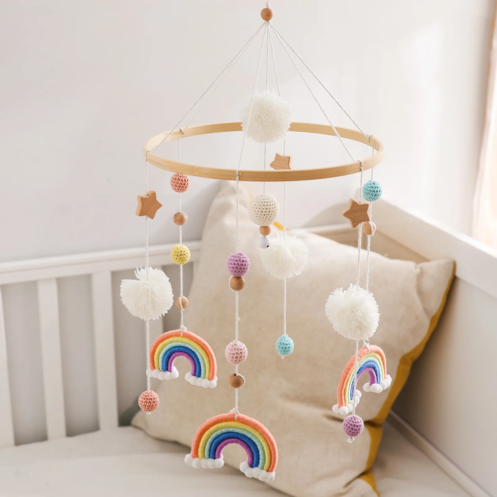 Baby Teething Rattle, Handmade Crochet Wooden Easter Bunny, Newborn 0-12 Months, Soft Rabbit Rattle, 4 Colors