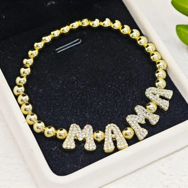 Custom Zircon Name Bracelet 3D Bubble Letter Golden beads Bracelet Name Pendant 26 Initial Letter Jewelry for Her Gift For Mom