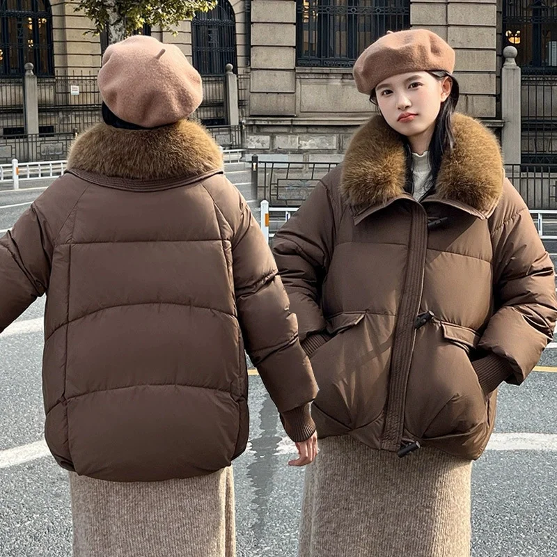 

Новая пуховая хлопковая куртка женская зимняя с большим меховым воротником теплая плотная верхняя одежда повседневная женская парка пальто хлопковая стеганая куртка пальто