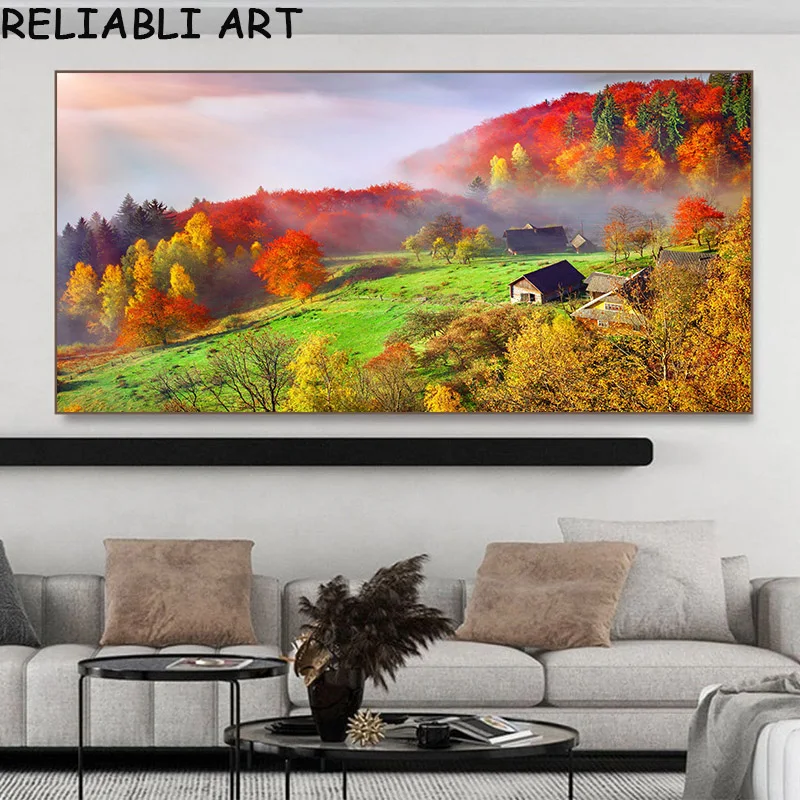 Autumn Tree Mountain Waterfall Landscape Canvas Painting Wall Art Pictures Poster and Prints for Living Room Home Decor No Frame