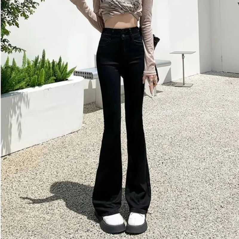 

Girls Korean High Waist Flared Jeans Women Classic Thin Straight Leg Denim Trousers Lady Casual Skinny Bell Bottom Pants