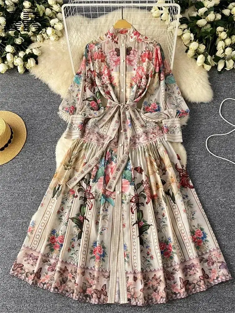 Women Lantern Sleeve Single Breasted Maxi Dress With Belt France Vintage Senior Print Clothes Elegant Lace Up New Design Dress