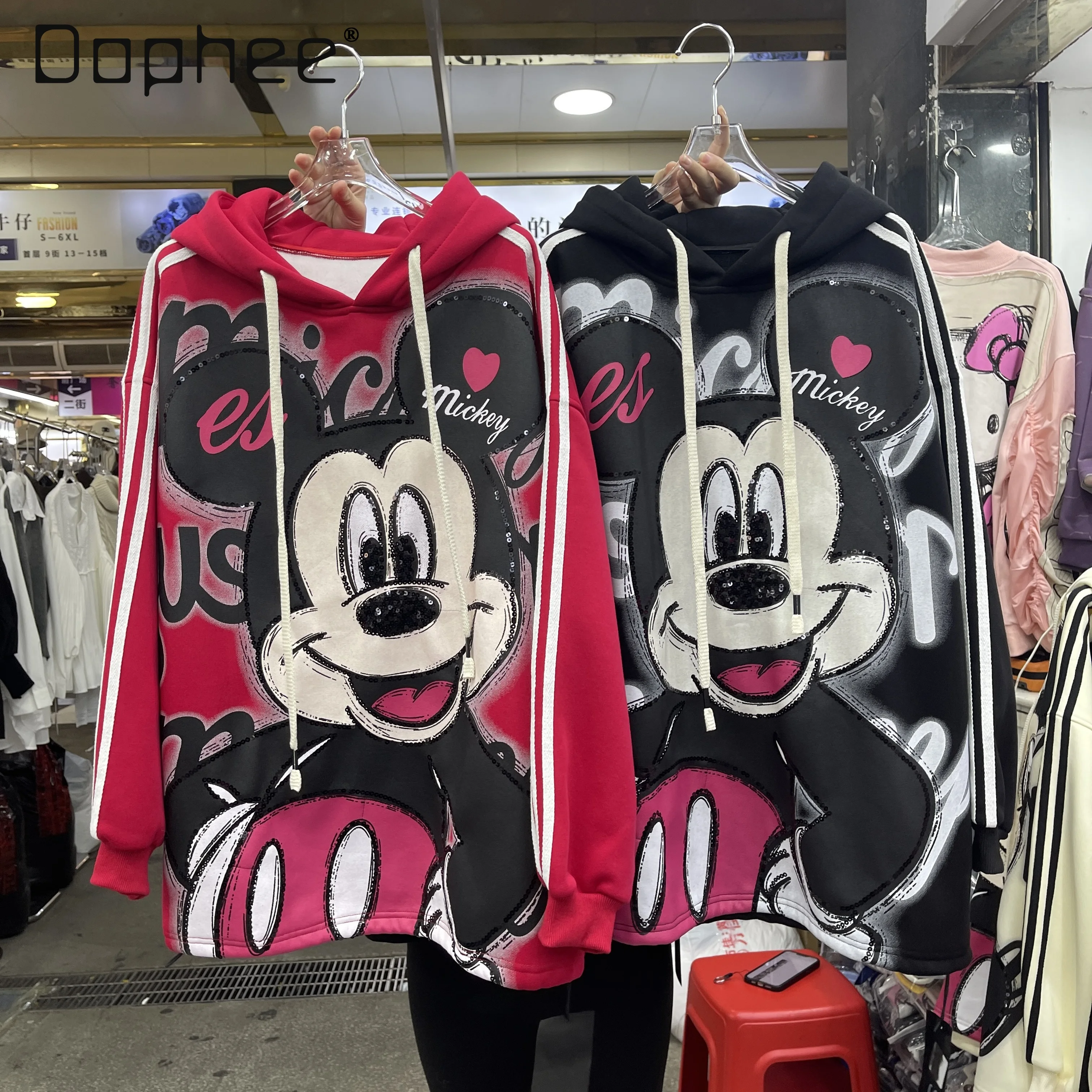 

European Style Heavy Craft Cartoon Print Cotton Fleece Hoodie Trendy Brand Loose Mid-length Sweatshirt Women's Autumn Winter