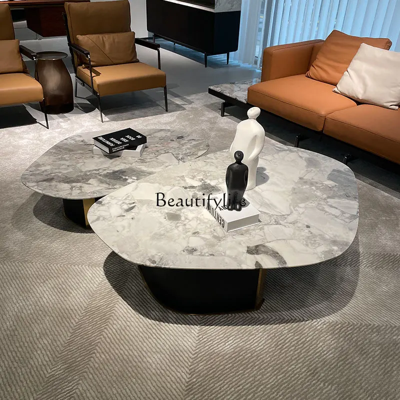 Grande table basse en marbre naturel de forme spéciale, meuble de villa de luxe, sol plat, gris, minimaliste