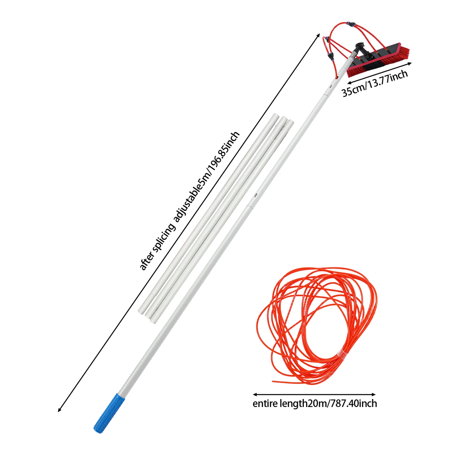 5m Adjustable Telescopic Solar Panel Cleaning Brush, 180° Rotatable Soft Brush Head with 20m Water Hose Aluminum Extension Pole for PV Window