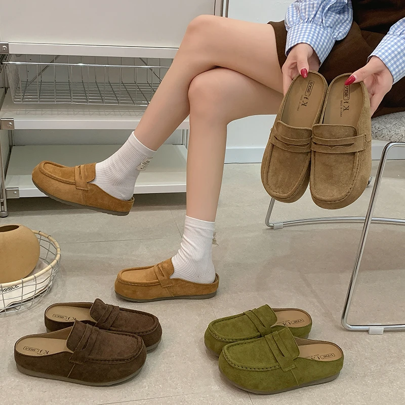 Women's Spring and Autumn Solid Color Velvet Retro Casual Baotou Slippers 2026 New Anti-Slip Comfortable Wear-Resistant Slippers