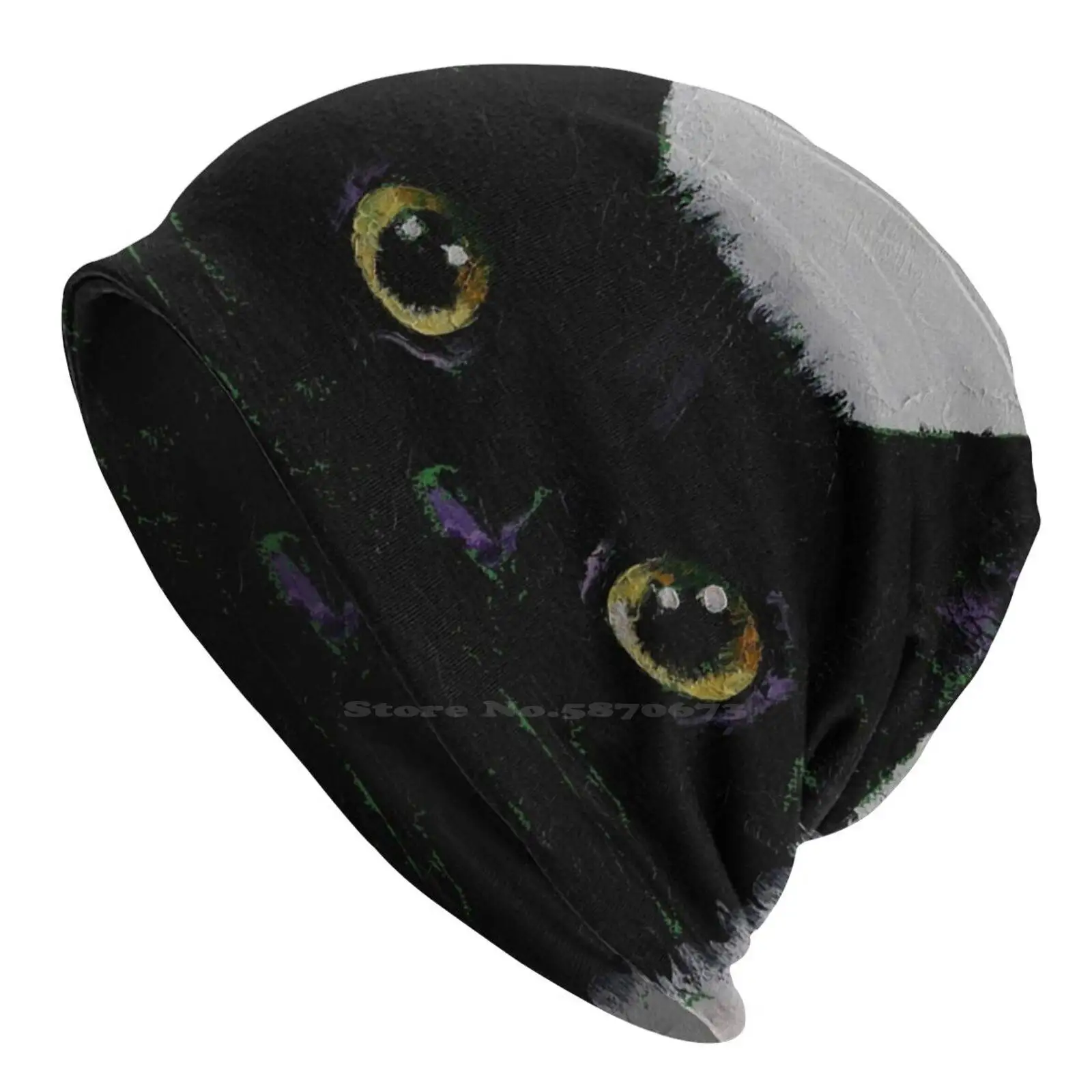 Black Cat Knitted Hat Warm Beanie Outdoor Caps Abstract Halloween Black Cat Chat Schwarze Katze Gato Negro White Peek Hide