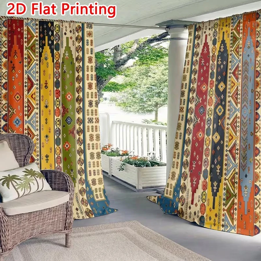 2pcs 2D Vibrant Geometric Pattern Decoration Traditional Printed Outdoor Curtains, Designed Specifically for Courtyards, with UV