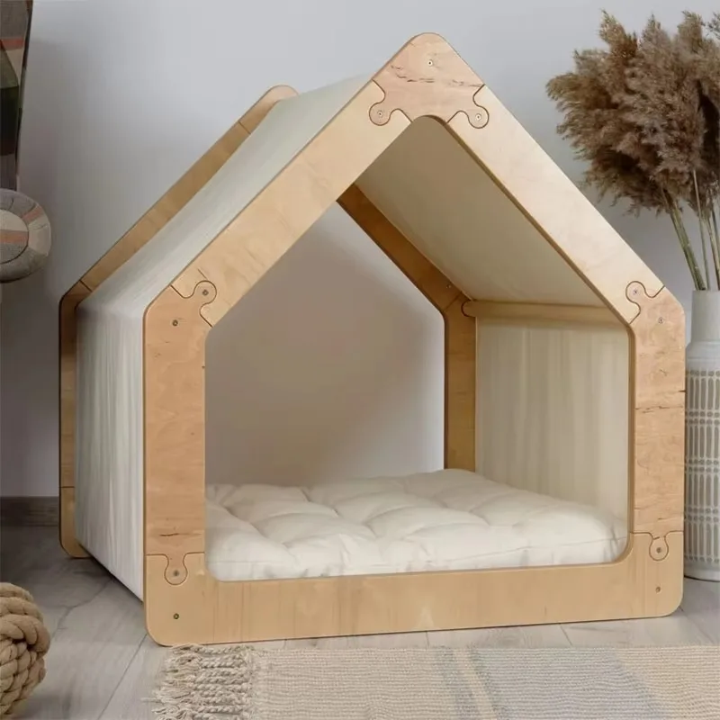 Wood modern puzzle dog house pet furniture with fabric roof