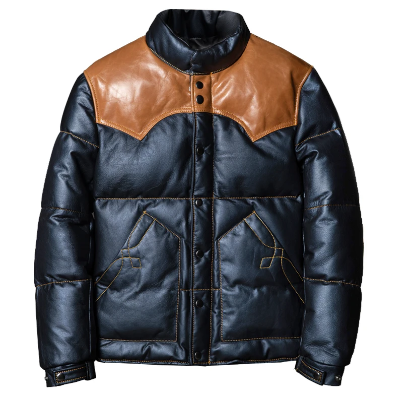 Men's Genuine Cowhide Leather Down Jacket Black Puffer Coat Tan Western Yoke Contrast Snap Winter Warm Outerwear
