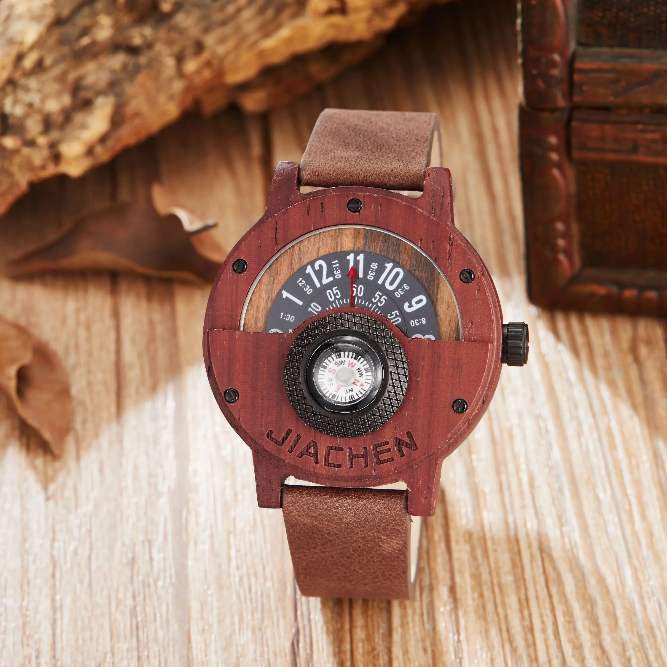 Men's wooden watch quartz leather watch multifunctional compass men's clock natural solid wood Reloj