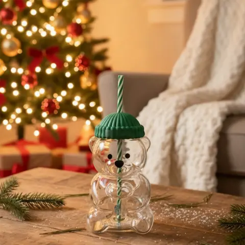 New For Starbucks Cute Animal Bear Straw Glass Transparent Glass For Men Women Birthday Christmas Gift Milk Tea Cup With Straw