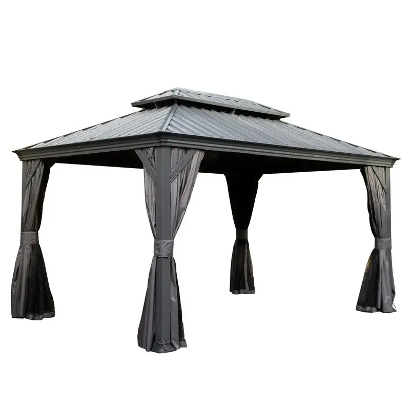 شرفة شرفة صلبة مقاس 10 × 14، مظلة معدنية مطورة مع نظام تصريف، وسقف فولاذي مجلفن بطبقة مزدوجة، تتضمن ستارة وشبكة،