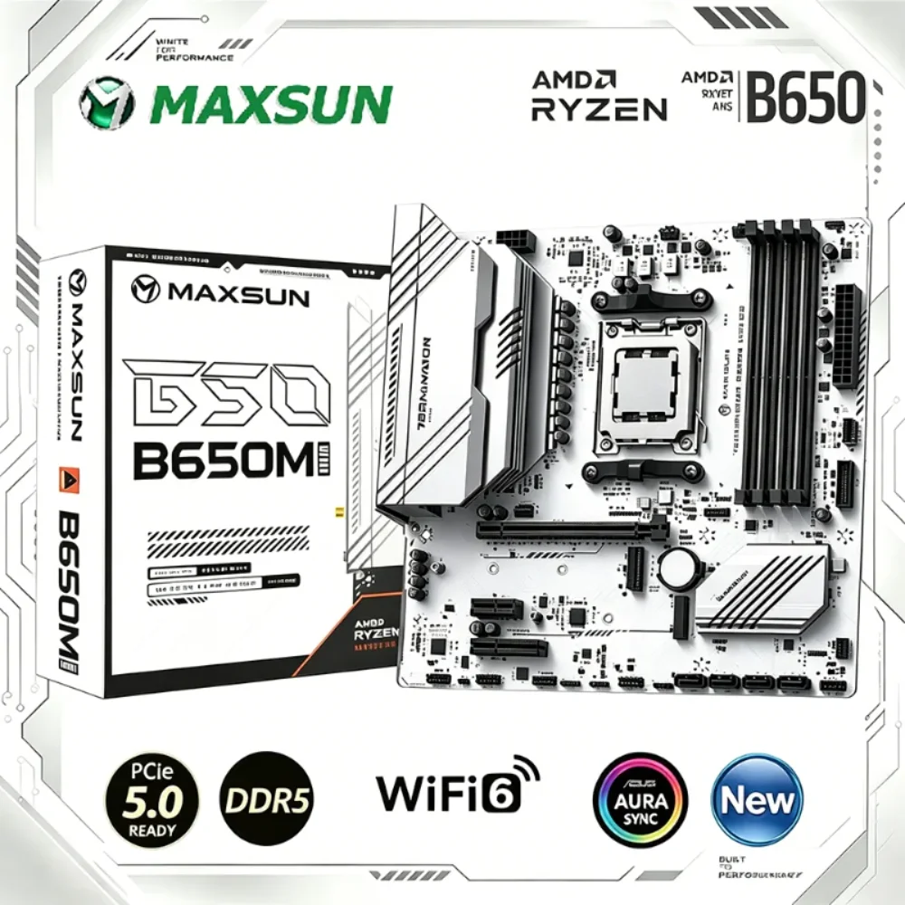 Maxsun B650M AM5 Gaming Motherboard, Support Ryzen 7000-9000 CPU DDR5 OC 8000MHz, Dual M.2 NVME ARGB Built-in WIFI