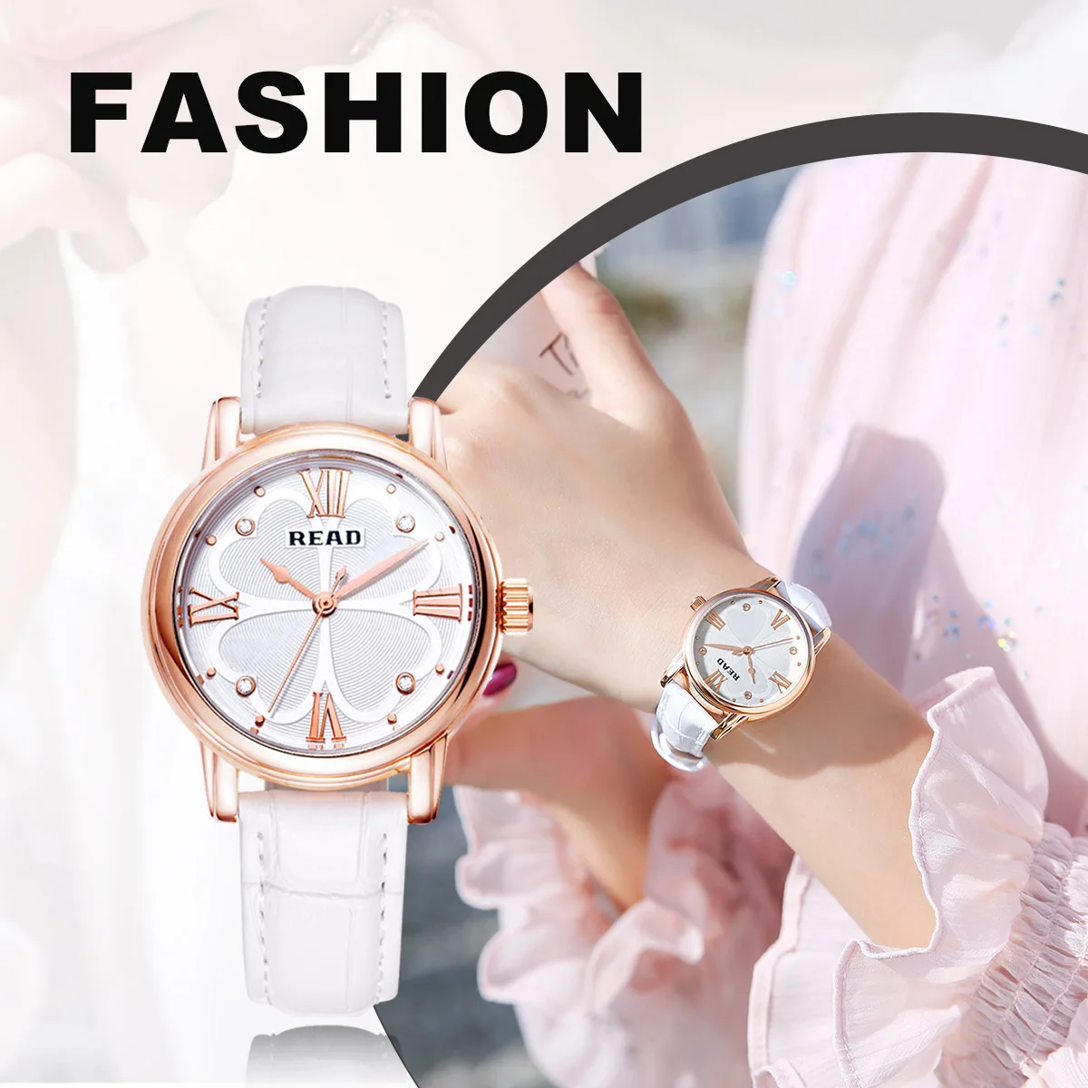 READ Women Analog Quartz Wrist Watch | White Leather Strap | Daily Water Resistant Clover Dial Elegant Ladies Dress Watch