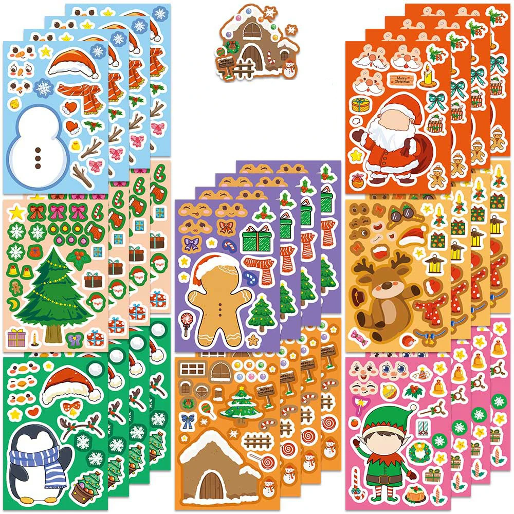 8/16 Blatt niedliche Cartoon-Weihnachts-Puzzle-Aufkleber, Spiel machen ein Gesicht, zusammenbauen, Puzzle, Bildung, Spielzeug, Basteln, Aufkleber, Partybevorzugung