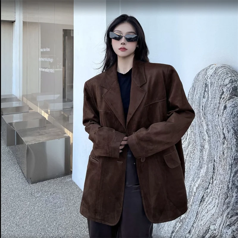 

Brown Suede Blazer for Women Spring and Autumn New Loose Versatile Fashion Stylish Mid-Length Casual Suit Jacket Women Clothing