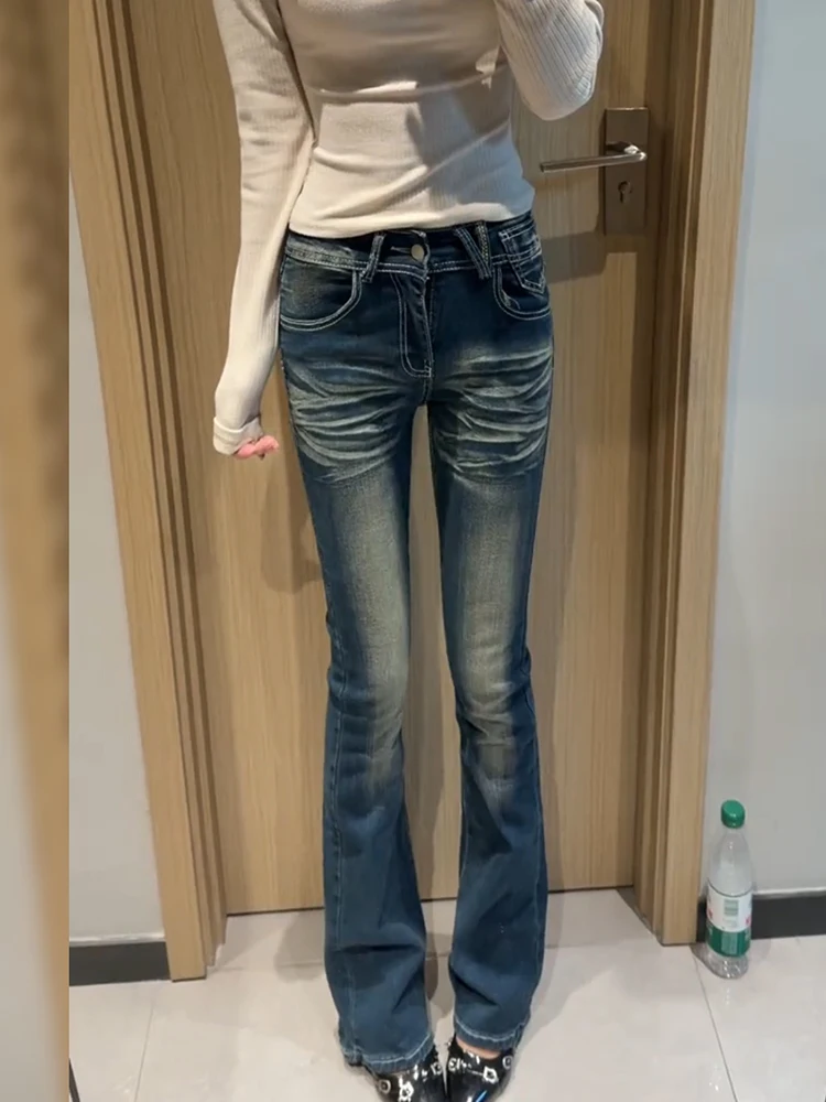 

American Vintage Design Embroidered Wings Denim Pants Women's Y2K Millennium Spicy Girl Micro Flared Floor-Length Pants