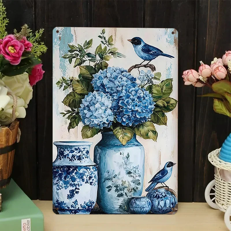 Blue Hydrangea and Flying Bird Tin Sign Wall Decor, Rustic Floral Aluminum Decoration, Suitable for Living Room and Kitchen