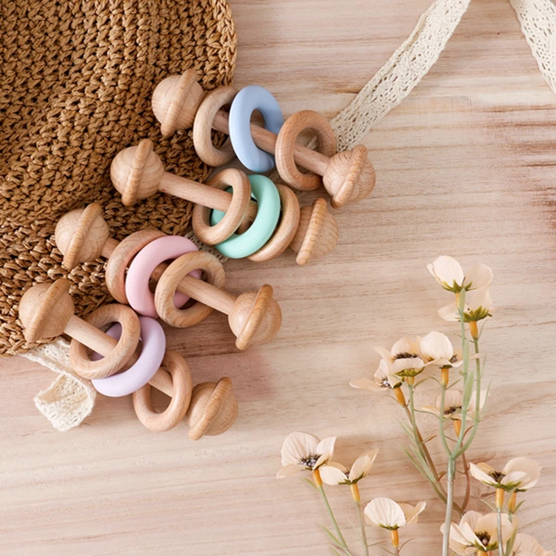 1pc Baby Tooth Musical Rattle BPA Free Wooden Fitness Wooden Ring Rodent Silicone Ring Newborn Educational Montessori Toy