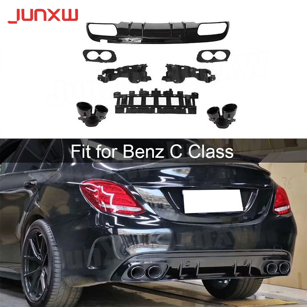 for Mercedes Benz C Class W205 C205 C43 C63 AMG 2015-2020 Rear Bumper Diffuser Bodykit OO-OO Rear Bumper Guard With Exhaust Tips