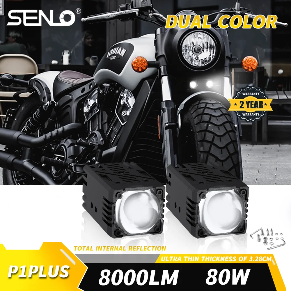Motorcycle LED Lens Spotlight Dual-color High Low Beam External Headlight Auxiliary Fog Lamp Moto Driving Lamp