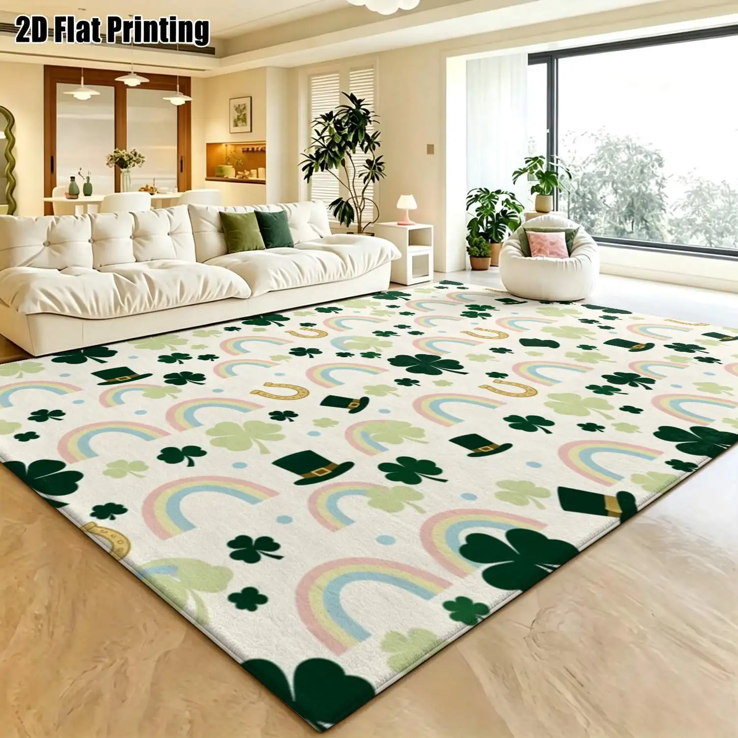1Pc 2D Printed Carpet: Fresh Green Clover & Rainbow Pattern Nordic, Instagram-Worthy Modern Minimalist Rug for Home Decor, Available in Multiple Sizes, Machine Washable, Suitable for Various Rooms.