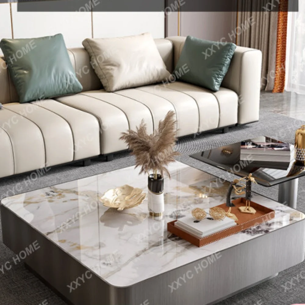 

Light Luxury High Sense Living Room Coffee Table Modern Stainless Steel Wire Drawing Craft Bright Stone Plate Tea Table