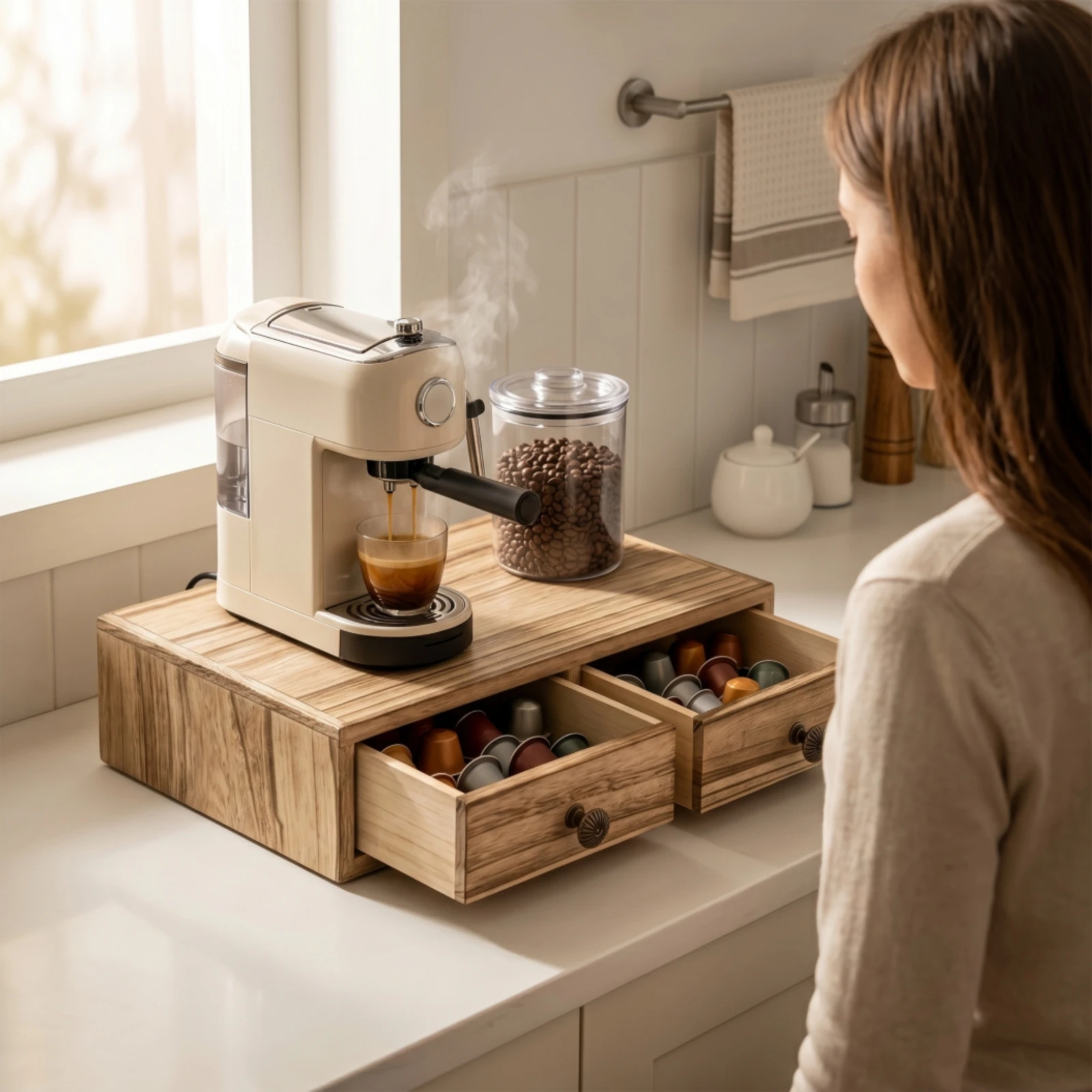 Coffee Machine Stand with Drawers Slim Coffee Maker Organizer with Drawers Drawer Sturdy Storage Box Countertop