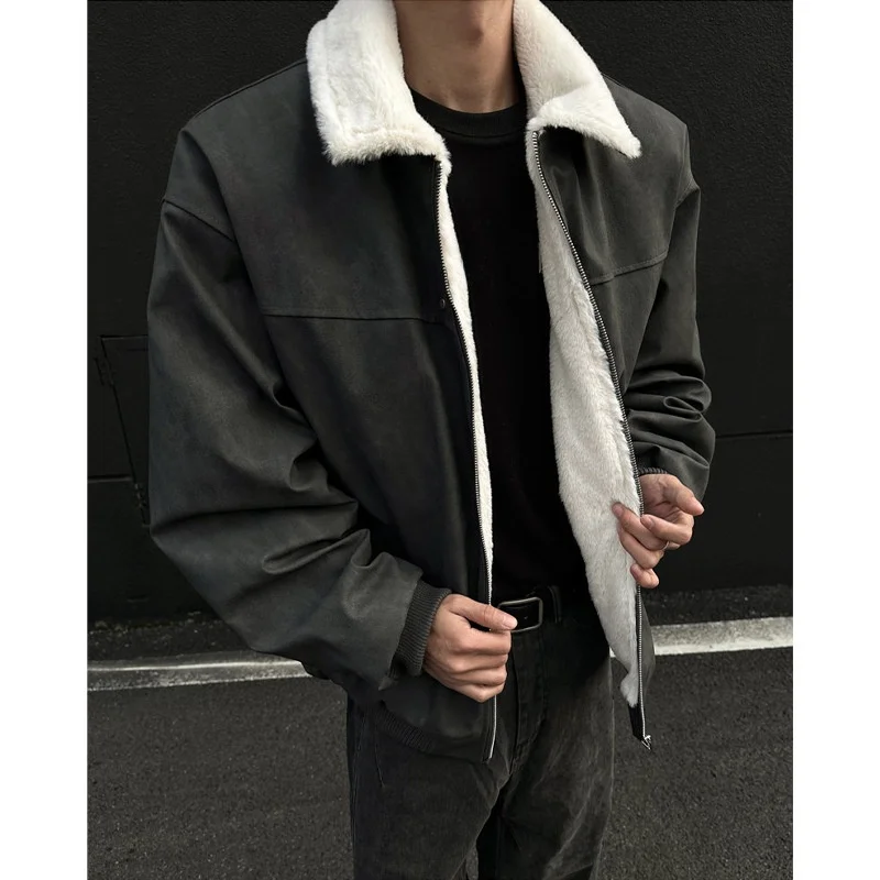 

Men's Lamb Velvet Jacket Thickened Fleece Collar Zipper Closure Cotton Clothes American Cleanfit Style Winter Outerwear