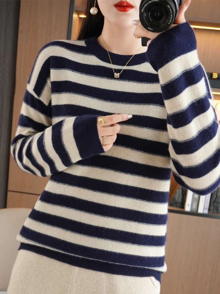 

Women Sweater O-neck Long Sleeve Striped Pullovers Autumn Winter Loose Warm Undershirt Casual Korean Bottoming Shirt Jumpers