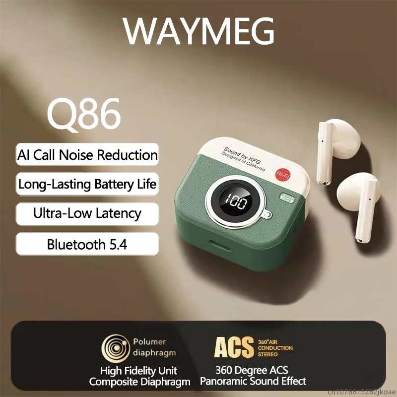 Q86 Retro Camera Style Headphones LED Power Display Headset TWS Wireless Bluetooth 5.4 Earphone Sport Music HD Mic Call Earbuds