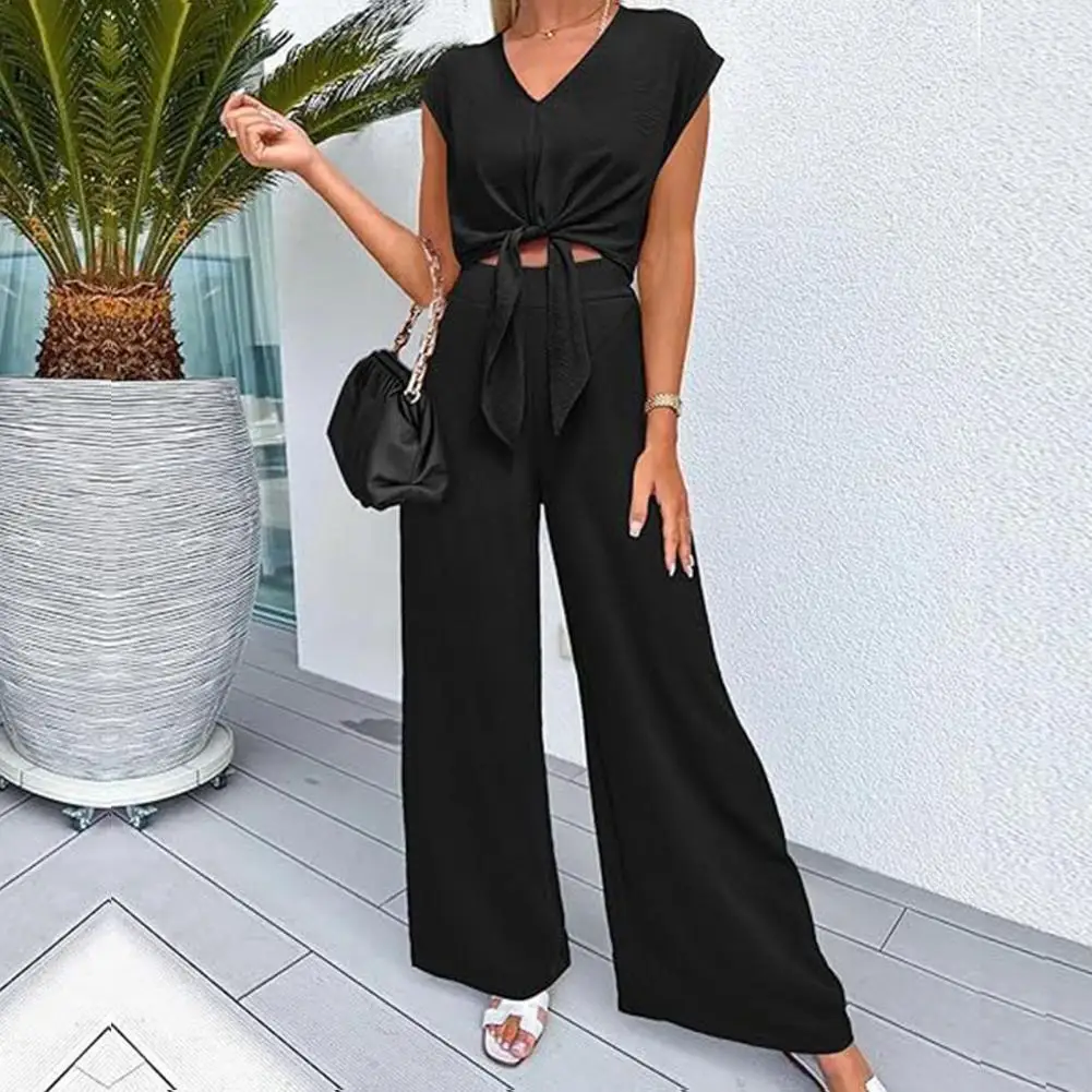 Women Spring Suit Women's Lace-up Knot Top Wide Leg Pants Set for Ol Commute V Neck High Waist Solid Color T-shirt Trousers Set