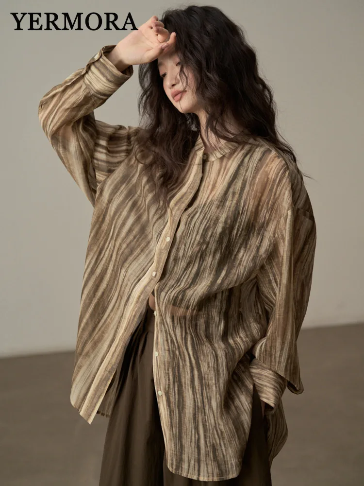 

YERMORA Brown Texture Button Casual Blouse For Women Stand Collar Long Sleeve Loose New Shirt Fashion Tide Spring Summer 2025