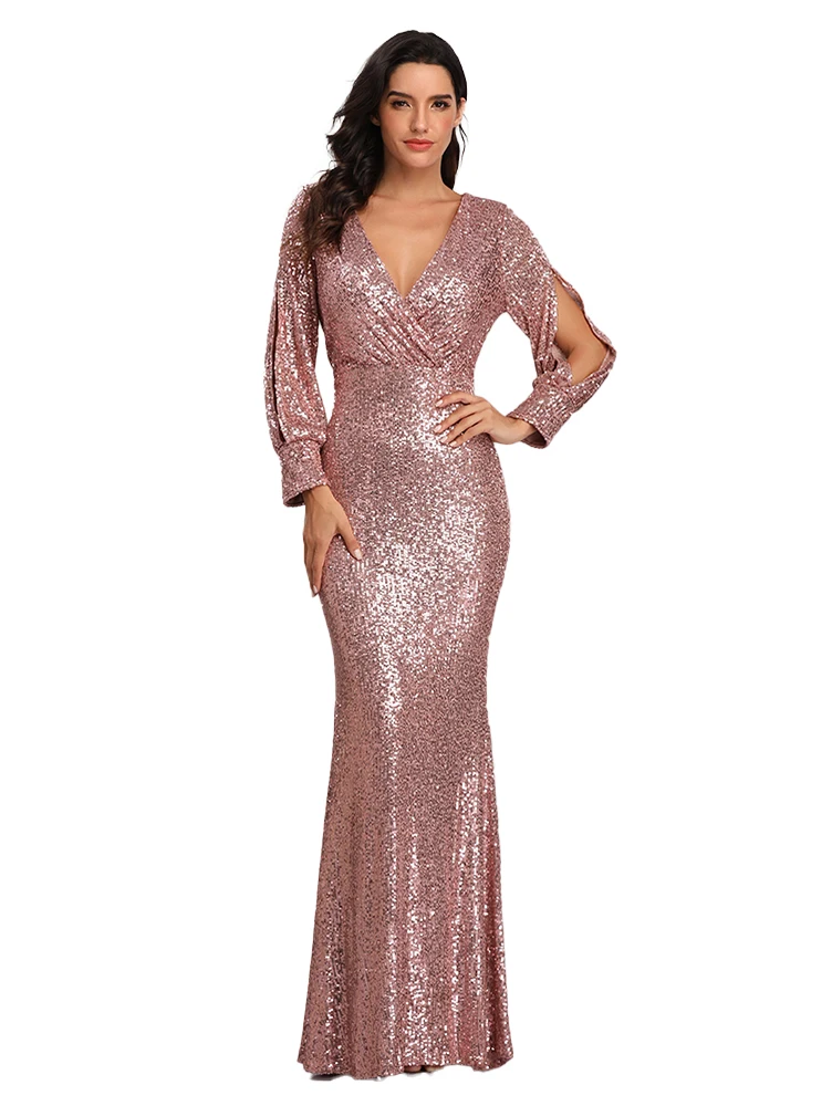 Ladies Cocktail Party Dress V-neck Long Sleeve Design Sequined Fishtail Skirt Elegant and Fashionable Party Women Evening Dress