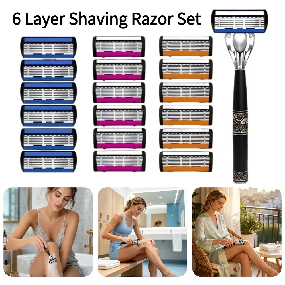 6 Layer Shaving Razor Set For Men Manual Shaver With Replaceable Blades Trimmer Metal Handle Face Beard Hair Shaving Razors 1Set