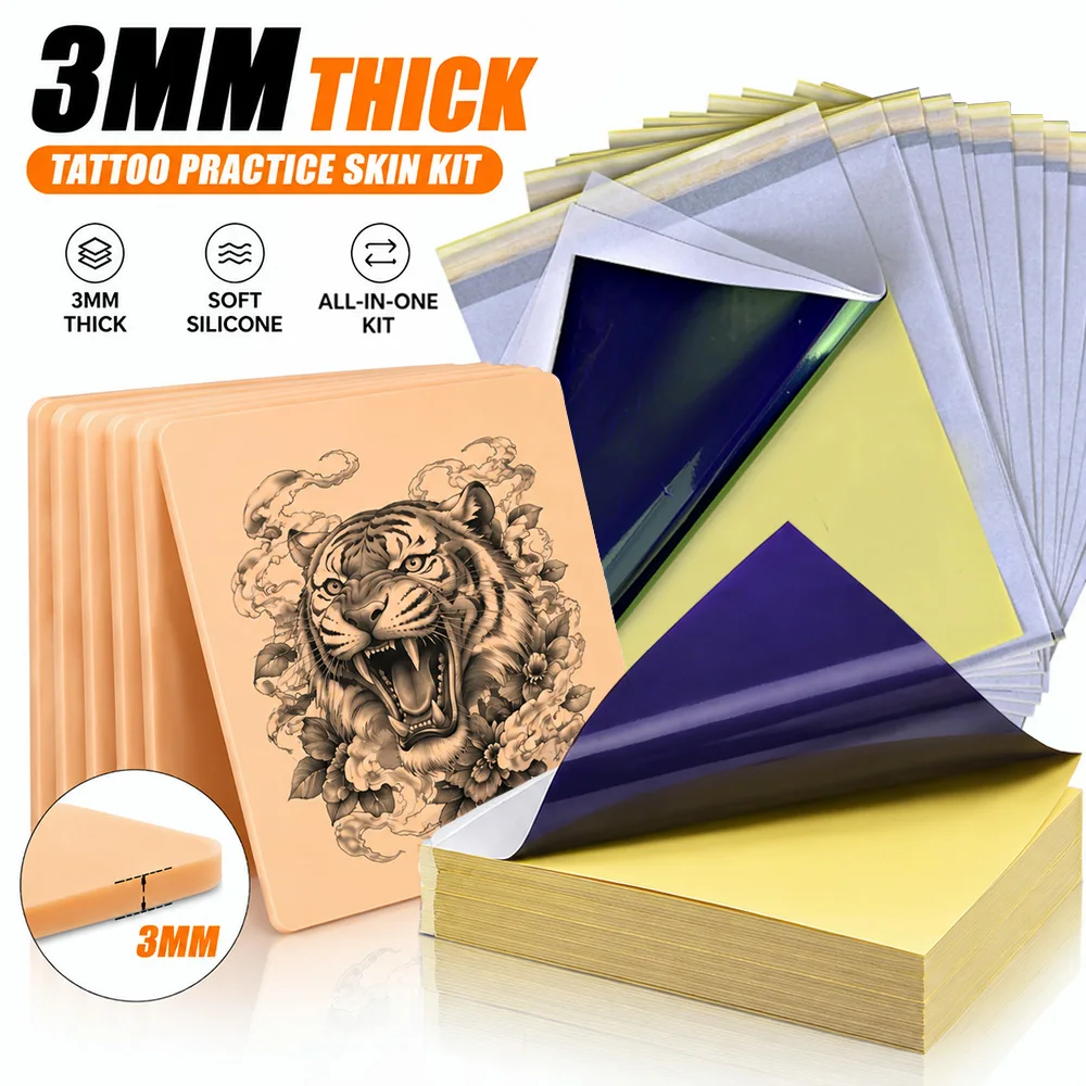 3MM Tattoo Practice Skin with Transfer Paper Kit Thick Silicone Tattoo Fake Skin Stencil Paper Set Tattoo Practice Kit Supplies