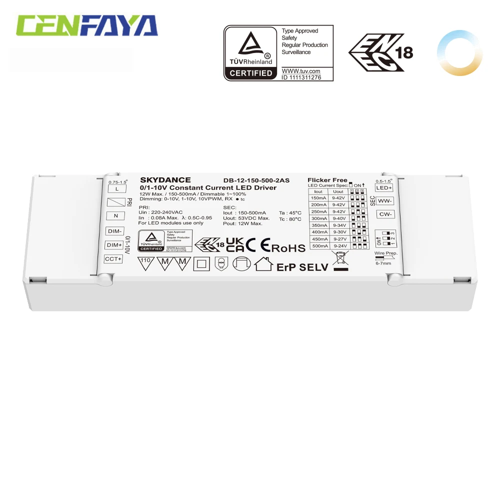 CENFAYA Constant Current 12W CCT Dimmable LED Driver 150-500mA 2CH LED Power Supply Transformer 0-10V/1-10V/10V PWM/RX Dimming