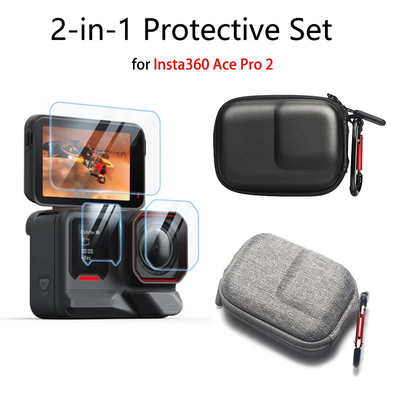 2 in 1 Protective Set for Insta360 Ace Pro 2 Portable Storage Case + Tempered Glass Protector Film Action Camera Accessories