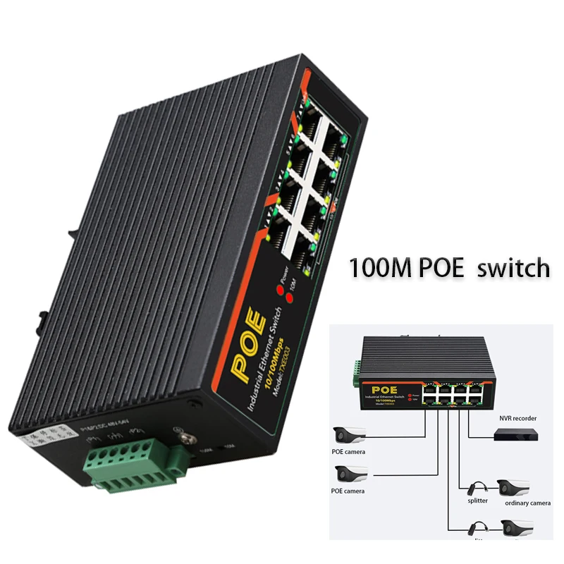 

Industrial Grade RJ45 Hub Rail Type game 100Mbps POE Switch Internet Splitter Adapter Ethernet Network Switch RJ-45 LAN Adapter