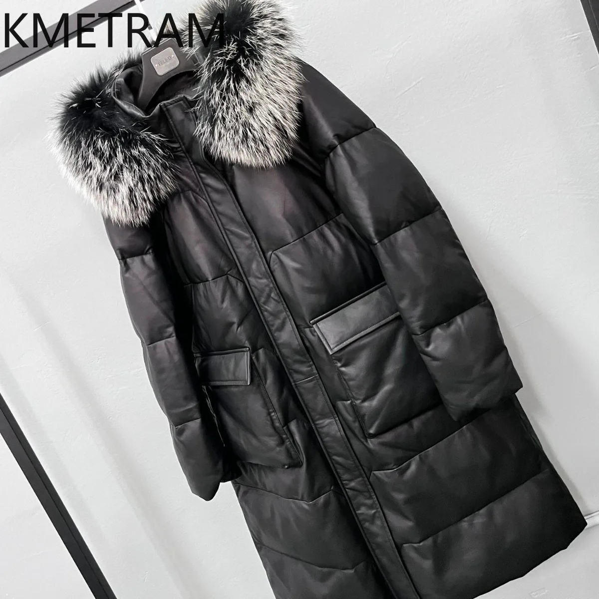 100% Sheepskin Puffer Jacket Women High Quality Genuine Leather Long Down Coats with Hood Raccoon Fur Collar 2025 Winter Clothes