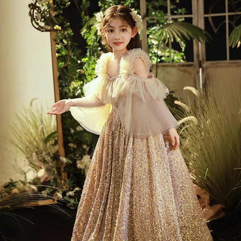 Girls' Catwalk Evening Dress Flower Girl Tulle Tutu Little Host Costume for Piano Performance Winter Children Princess Dress Who