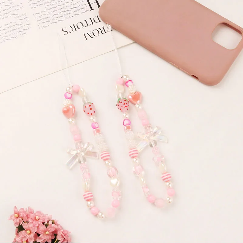 Fashion Strawberry Romantic Heart Pearl Geometry Beaded Charm Lanyard Decoration Bracelet Mobile Phone Chain Women Pink Jewelry